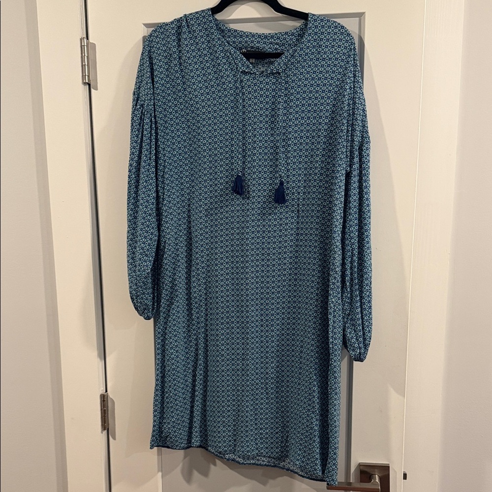 Blue Patterned Long Sleeve Dress